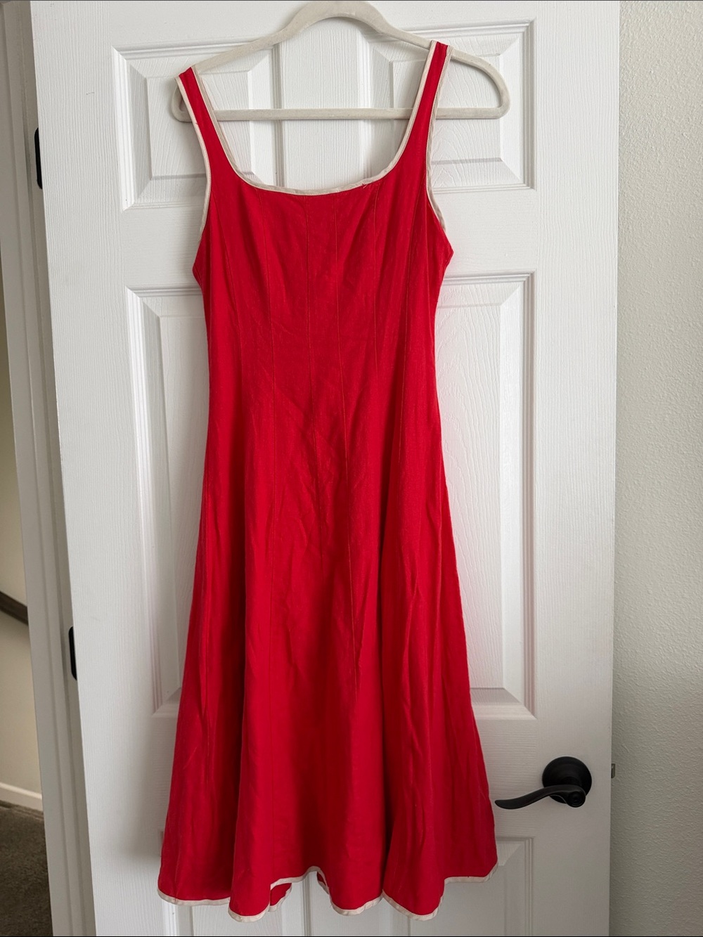 7 For All Mankind Red Sleeveless Midi Dress with Cream Trim